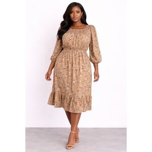 Luna Cottagecore Floral Smocked Midi Dress Medium‎ Tan Prairie Boho Romantic